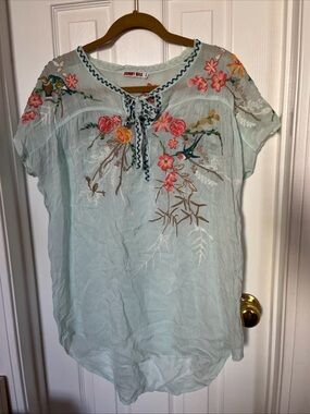 Johnny Was Pale Blue Embroidered Floral Tie-Front Tunic